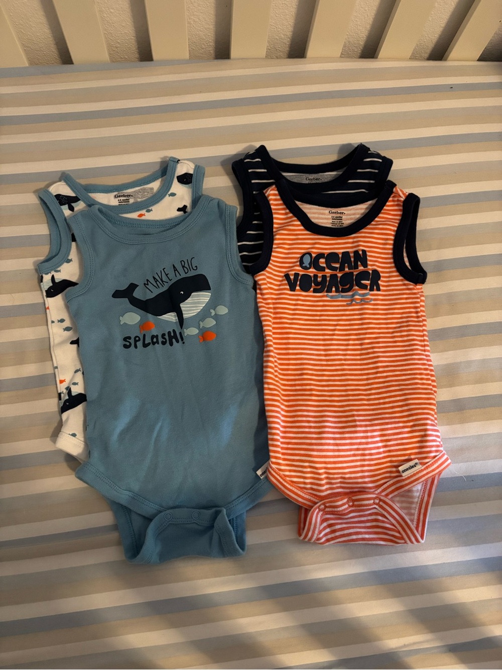 Gerber Baby Sleeveless Whale Print Bodysuits Set of 4 - Blue & Orange